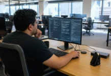 Shadow AI Is a Concentration Problem, and Broad Policy Misses It A focused employee at a workstation in a bright, open-plan office, using an AI chat application on a monitor.
