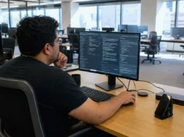 A focused employee at a workstation in a bright, open-plan office, using an AI chat application on a monitor.