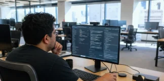 A focused employee at a workstation in a bright, open-plan office, using an AI chat application on a monitor.