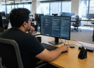 Shadow AI Is a Concentration Problem, and Broad Policy Misses It A focused employee at a workstation in a bright, open-plan office, using an AI chat application on a monitor.