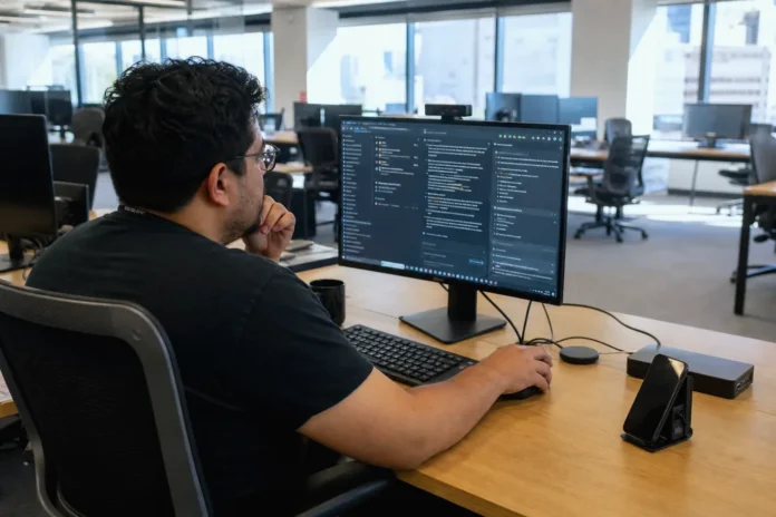 csi-88f21efe833b4a1d-featured A focused employee at a workstation in a bright, open-plan office, using an AI chat application on a monitor.