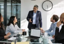 The Biggest CISO Challenges of 2026: 73% Still Aren’t Ready for a Major Attack A CISO in business attire stands at a glass conference table, discussing with colleagues around a laptop and clock on the wall.