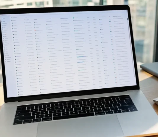 A close-up of a MacBook Pro on a clean desk, displaying a spreadsheet