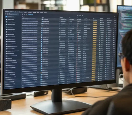 A widescreen monitor displays a package-registry dashboard with dense rows of new package submissions in bright lighting.