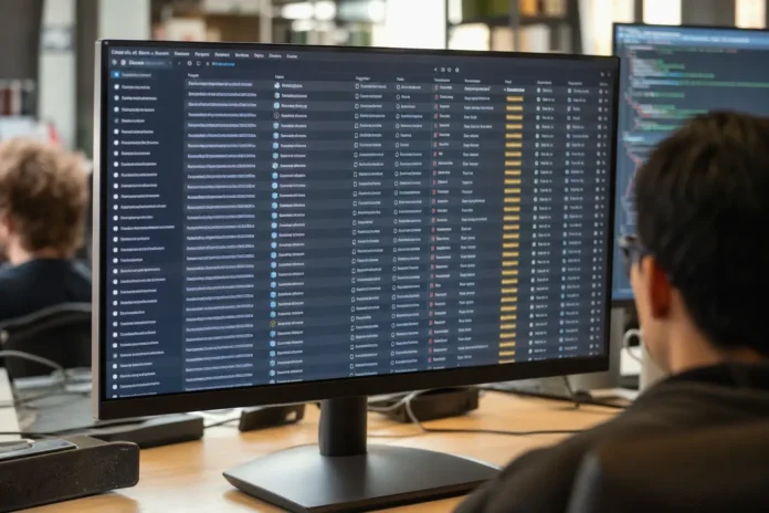 csi-90c6453805fe00c2-featured A widescreen monitor displays a package-registry dashboard with dense rows of new package submissions in bright lighting.