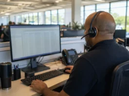 A technician with a headset sits at a workstation, facing a computer