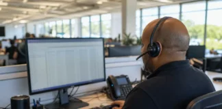 A technician with a headset sits at a workstation, facing a computer