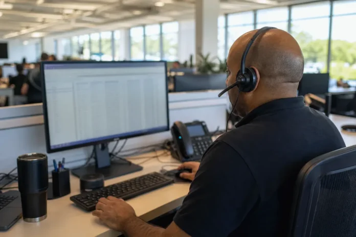 A technician with a headset sits at a workstation, facing a computer