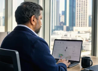 CSC CISO Survey: AI Security Optimism Runs Ahead of Domain Controls A man in a dark jacket sits at a desk, focused on a laptop screen in a bright office with city views.