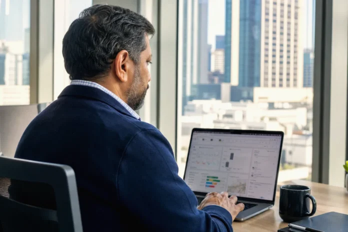 A man in a dark jacket sits at a desk, focused on a laptop screen in a bright office with city views.
