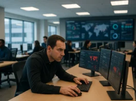 A security operations center with multiple analysts