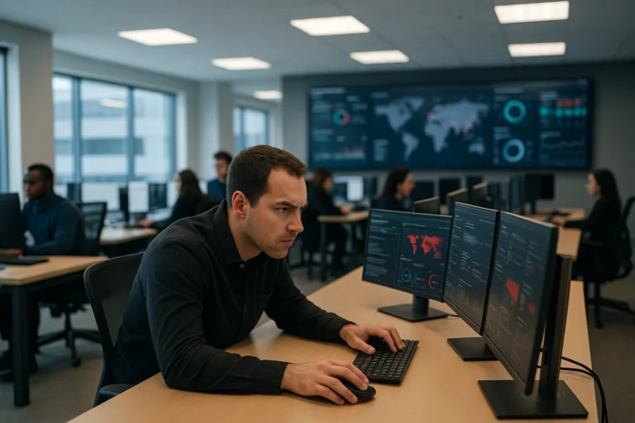 A security operations center with multiple analysts A security operations center with multiple analysts