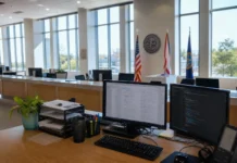 Bright, sunlit interior of a modern public-records office with a long service counter, unoccupied desks, and official flags.