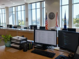 Maine Shuts Data Breach Portal After Fake VRChat and Discord Filings Bright, sunlit interior of a modern public-records office with a long service