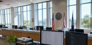 Bright, sunlit interior of a modern public-records office with a long service counter, unoccupied desks, and official flags.