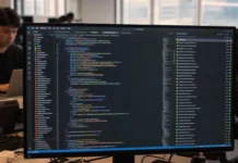 OpenAI Daybreak Shifts AI Security Focus from Finding to Fixing A brightly lit monitor displays a dark-themed code editor filled with colorful code, set in a modern office environment.