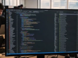 A brightly lit monitor displays a dark-themed code editor