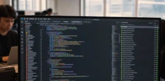 A brightly lit monitor displays a dark-themed code editor