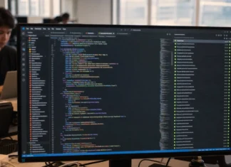 A brightly lit monitor displays a dark-themed code editor