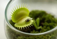 Close-up of a Venus flytrap with slightly opened pad-leaves and visible trigger-hairs, featuring a fly inside.