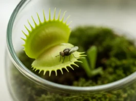 Close-up of a Venus flytrap with slightly opened pad-leaves.