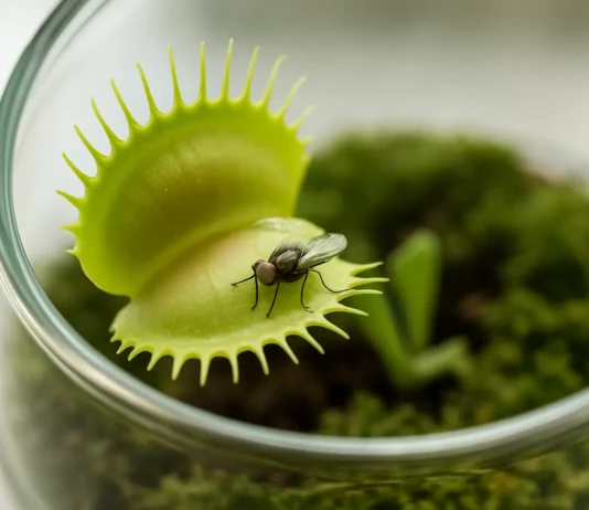 Close-up of a Venus flytrap with slightly opened pad-leaves.