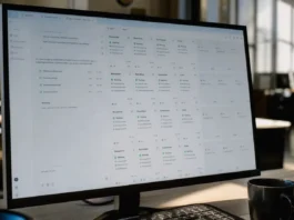 A desktop monitor displays an AI assistant workspace