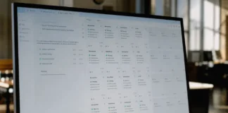 A desktop monitor displays an AI assistant workspace