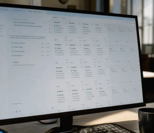 A desktop monitor displays an AI assistant workspace