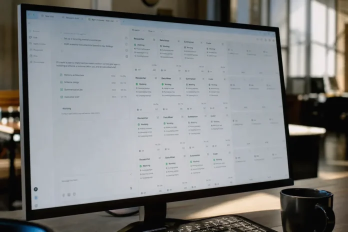 A desktop monitor displays an AI assistant workspace A desktop monitor displays an AI assistant workspace