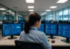 NCSC: Ticket-Count SOC Metrics Are How Real Attacks Get Closed as False Positives A woman sits at a workstation in an open office, focused on a monitor, with three additional monitors visible.