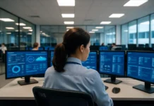 NCSC: Ticket-Count SOC Metrics Are How Real Attacks Get Closed as False Positives A woman sits at a workstation in an open office, focused on a monitor, with three additional monitors visible.