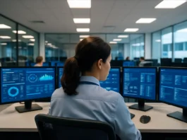 A woman sits at a workstation in an open office, focused on a monitor