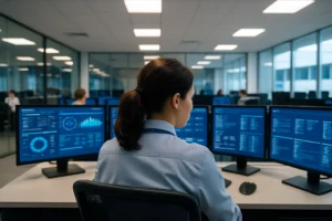 A woman sits at a workstation in an open office, focused on a monitor