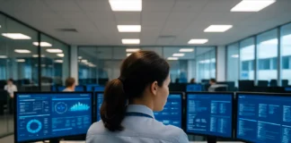 NCSC: Ticket-Count SOC Metrics Are How Real Attacks Get Closed as False Positives A woman sits at a workstation in an open office, focused on a monitor