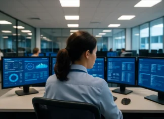 A woman sits at a workstation in an open office, focused on a monitor, with three additional monitors visible.