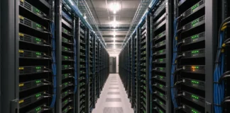 A long aisle in a brightly lit data center, lined with rows of rack-mounted network appliances and neatly routed cables.