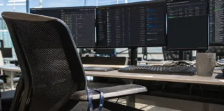 A close-up of an empty operator's chair at a security