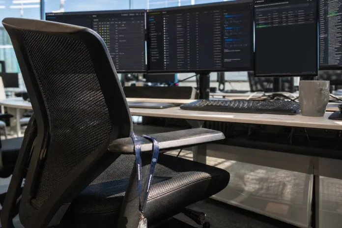 A close-up of an empty operator's chair at a security