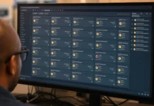 BlueMoon Zero-Day Exploit Kit Chains Chrome and Windows Flaws A person with glasses views a widescreen monitor displaying a software update-management console with rows of status tiles.