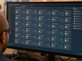 A person with glasses views a widescreen monitor displaying a software update-management console with rows of status tiles.