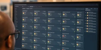 BlueMoon Zero-Day Exploit Kit Chains Chrome and Windows Flaws A person with glasses views a widescreen monitor displaying a software update-management console with rows of status tiles.