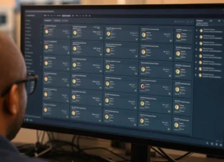 BlueMoon Zero-Day Exploit Kit Chains Chrome and Windows Flaws A person with glasses views a widescreen monitor displaying a software update-management console with rows of status tiles.