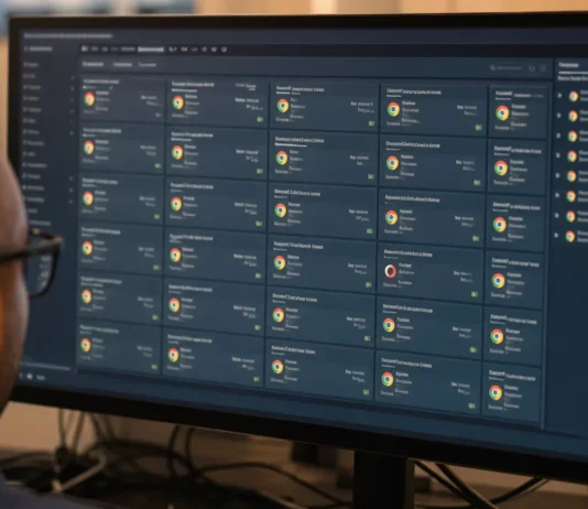 A person with glasses views a widescreen monitor displaying a software update-management console with rows of status tiles.