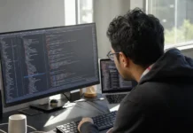Supply Chain Security Breach at ShapedPlugin Backdoored Paying Customers A developer sits at a desk, focused on dual monitors displaying a blurred code editor