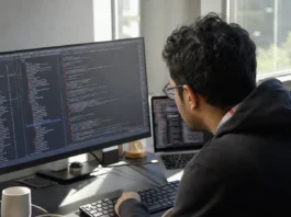A developer sits at a desk, focused on dual monitors displaying a blurred code editor