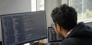 A developer sits at a desk, focused on dual monitors displaying a blurred code editor