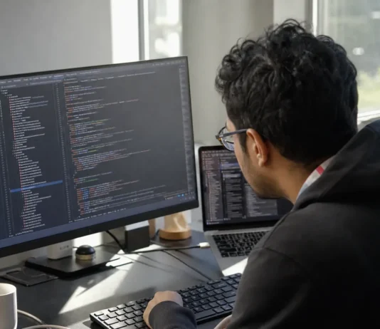 A developer sits at a desk, focused on dual monitors displaying a blurred code editor