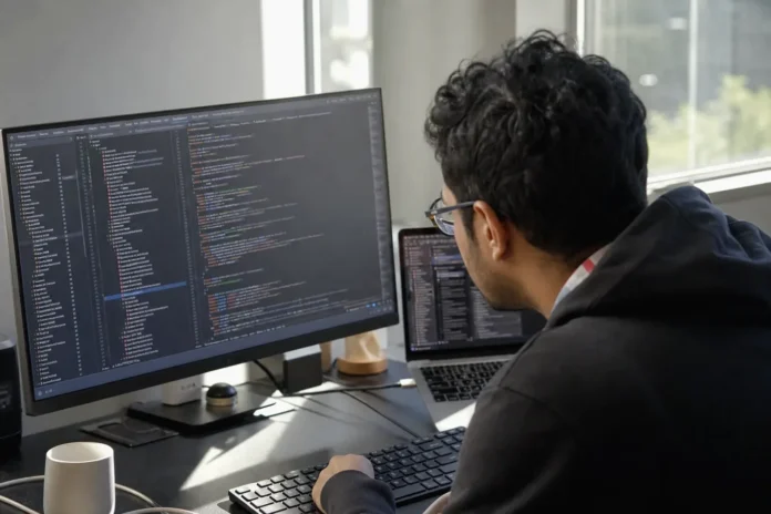 A developer sits at a desk, focused on dual monitors displaying a blurred code editor