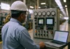Fortinet OT Cybersecurity Report: 53% of Industrial Orgs Now Under CISO An industrial engineer in a hard hat stands beside a control panel with dials and a laptop in a brightly lit plant.